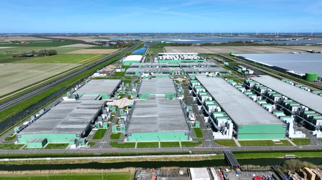 Aerial close-up view of a data center in the Netherlands
