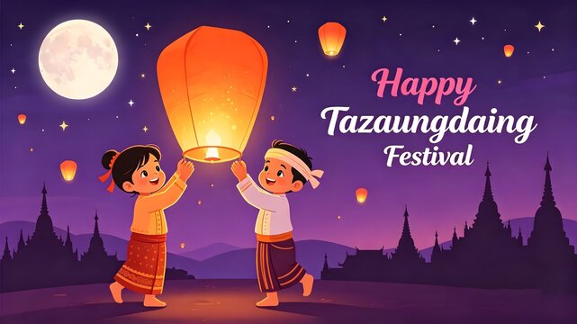 Happy Tazaungdaing Festival Night Illustration with Burmese Children Releasing Sky Lantern, Full Moon, and Pagoda Skyline   