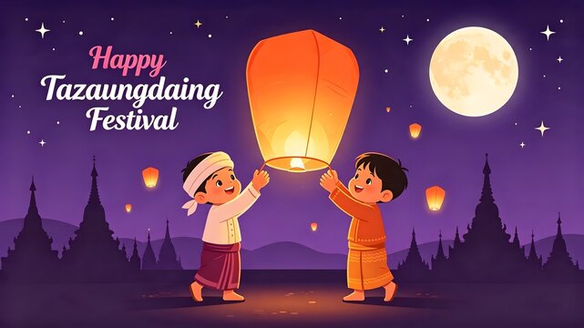 Happy Tazaungdaing Festival Night Illustration with Burmese Boys Releasing Sky Lantern, Full Moon, and Pagoda Skyline   
