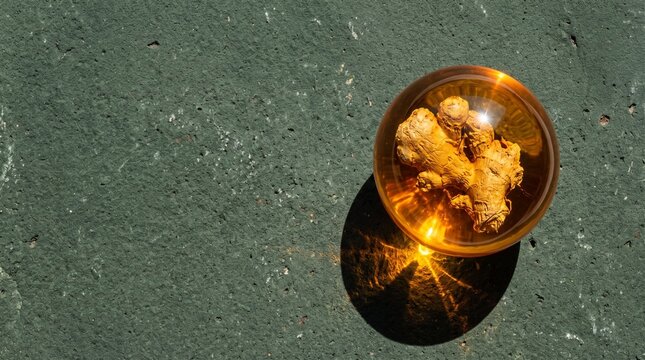 Dry ginger root enclosed in polished amber resin sphere on dark green volcanic tuff slab, natural immunity defense and bio-preservation concept with copy space   