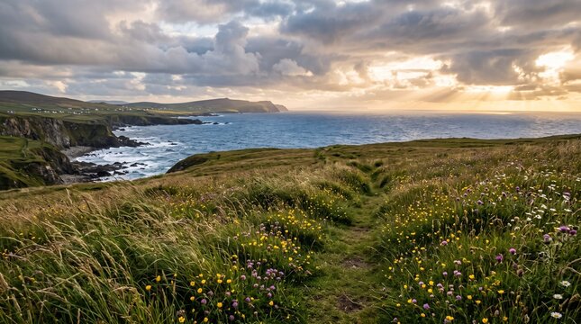 Golden sunset over rugged coast, wildflowers and scenic path