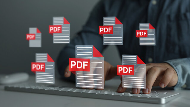 Modern digital document concept featuring electronic files, data storage and online access. Technology simplifies document organization, sharing, editing and business processes.	
