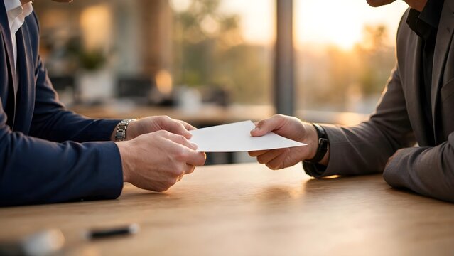 Two businessmen exchanging paper across wooden table at sunset