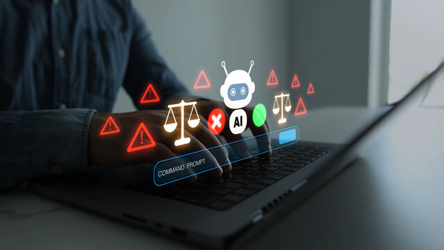 Artificial intelligence risk and ethics concept with compliance, governance, transparency and responsible technology management. Modern business workflow trust, safety, privacy and regulatory control.