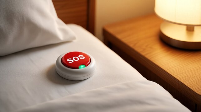 Red SOS emergency button with green light sits on clean white bed sheets next to a nightstand with glowing lamp. Device offers quick help access.