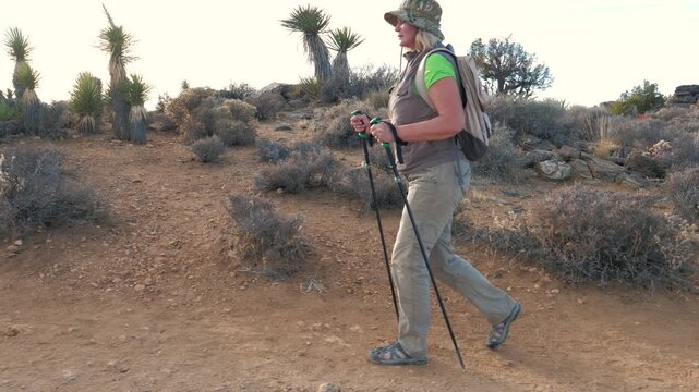 Active senior woman wearing backpack and using trekking poles hiking on dirt trail in dry arid landscape with joshua trees. Female enjoying an adventurous and healthy outdoor lifestyle. Side view