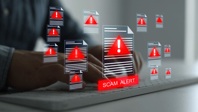 Scam documentation and identity fraud concept with forged files, counterfeit records and cybersecurity monitoring. Modern business solution for risk assessment and fraud prevention.	
