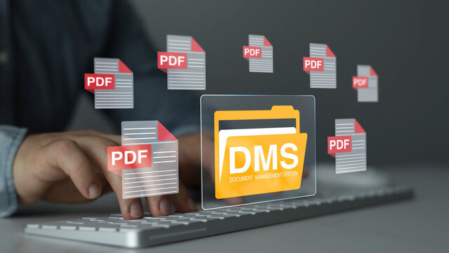Digital document management concept with organized folders, archives and automated processes. DMS technology enhances document control, data security and operational efficiency.	
