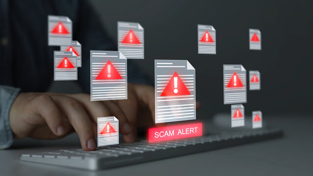 Scam Alert concept showing scam or fraud document warning digital, highlighting cybersecurity, data protection, identity risk and online threats in modern communication systems	
