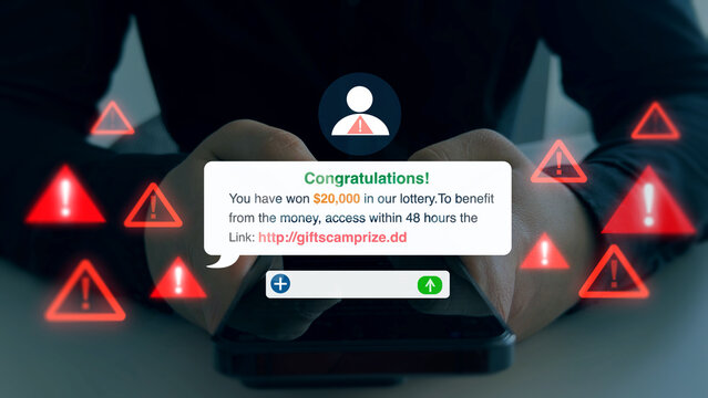 Online financial scam with fake message, fraudulent payment and stolen data. Cybersecurity concept showing phishing, fraud and digital crime risks.	
