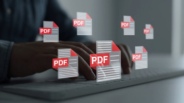 Modern digital document concept featuring electronic files, data storage and online access. Technology simplifies document organization, sharing, editing and business processes.	
