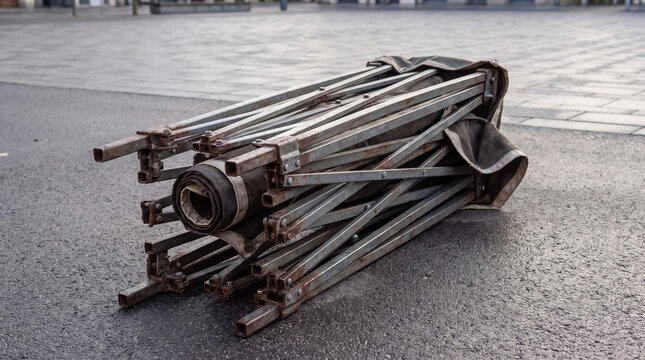 Folded metal canopy frame on asphalt pavement, symbolizing end of market day or temporary setup breakdown