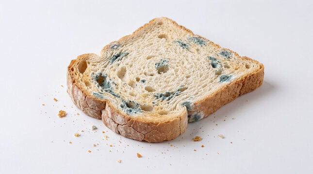 Sliced bread developing blue green mold spots, indicating spoilage, food waste, and poor preservation