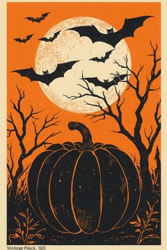 Vintage style linocut illustration of a large pumpkin and flying bats under a full moon with block print halloween illustration seasonal traditional celebration silhouette mysterious