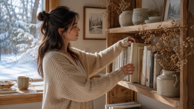Woman arranging books on a wooden shelf in a cozy home beside a bright snowy winter window