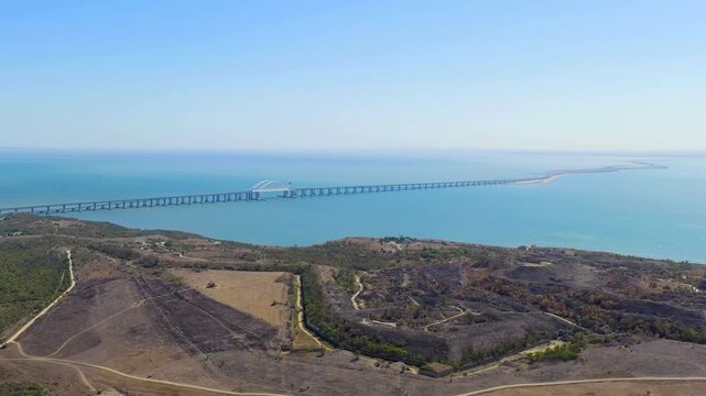 Kerch, Crimea. View of the new Crimean bridge. Fortress Kerch. Clear weather. Drone footage