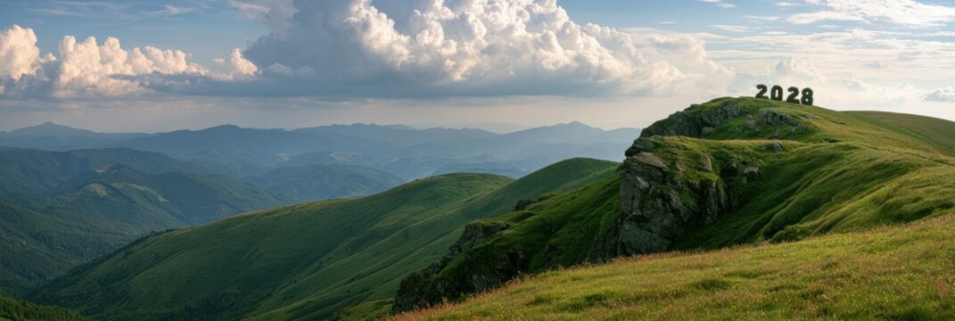 A stone arrangement forms number 2028 on a cliff edge, with mountains and clouds filling the expansive background.