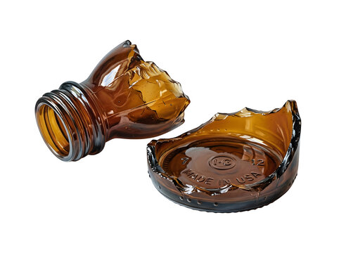 Two broken pieces of an amber glass bottle isolated on transparent background