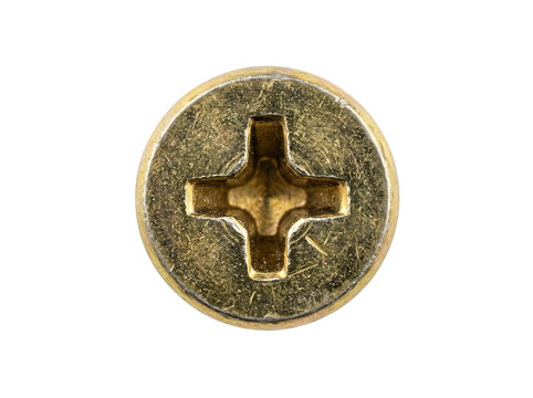 Closeup top view of a goldcolored screw head isolated on transparent background