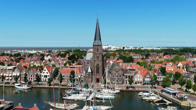 Aerial view of St. Michael's Church in Harlingen, the Netherlands
