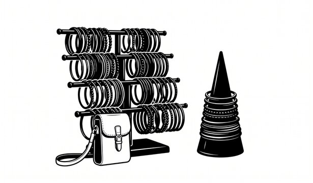 Traditional Bangles and Bracelets on Jewelry Display Stand Black White Vector