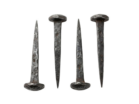 Four handcrafted square iron nails isolated on transparent background