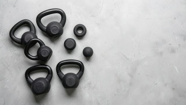 overhead flat lay of assorted weight kettlebells on light gray concrete surface for fitness and workout marketing