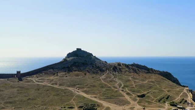 Sudak, Crimea. Genoese fortress in Sudak. Medieval fortress with an area of over 30 hectares. on the Black Sea coast. Drone footage