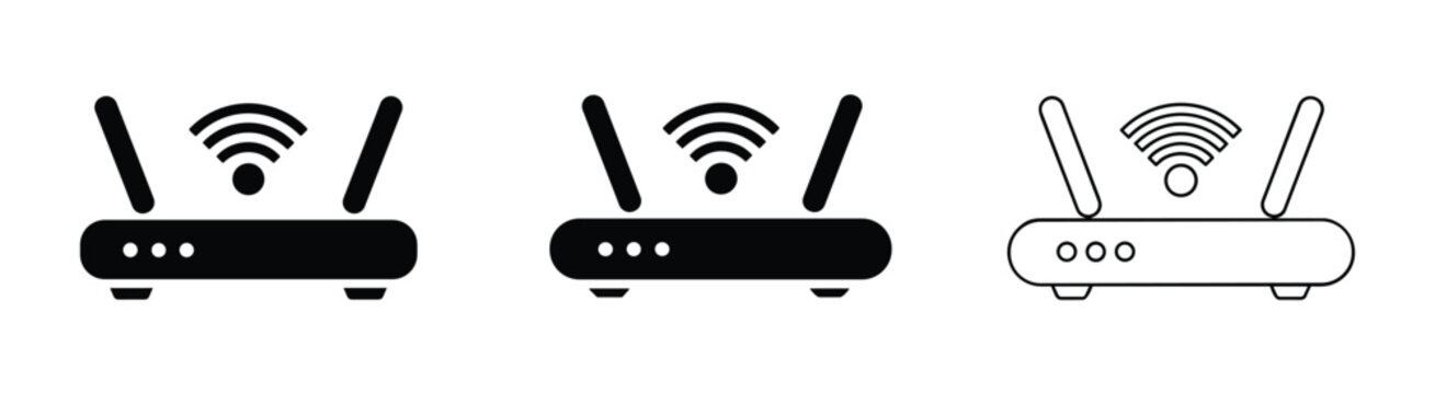 Wireless Router Iconography: A set of three icons depicting wireless routers, showcasing connectivity and network technology.