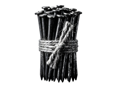 A bundle of black steel nails tied with twine isolated on transparent background