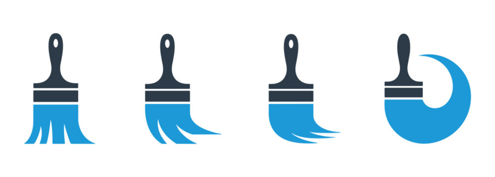 Paintbrush Strokes in Blue: Four stylized paintbrushes display varying degrees of blue paint application, from neat strokes to dynamic curves, symbolizing creativity and art.