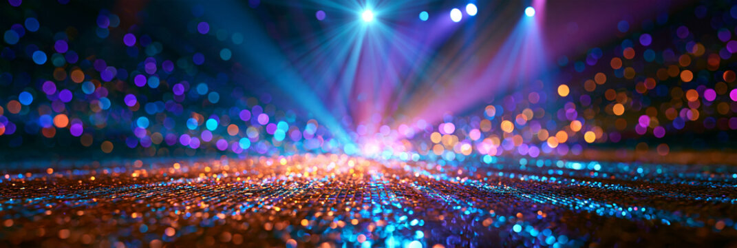 Blaue und orange Bokeh-Lichter mit Lichtstrahlen auf glitzerndem Boden