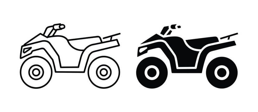 Quad Bike Icons: A pair of simple, clean icons representing a quad bike, one in outline and the other in solid black, perfect for representing outdoor recreation or adventure