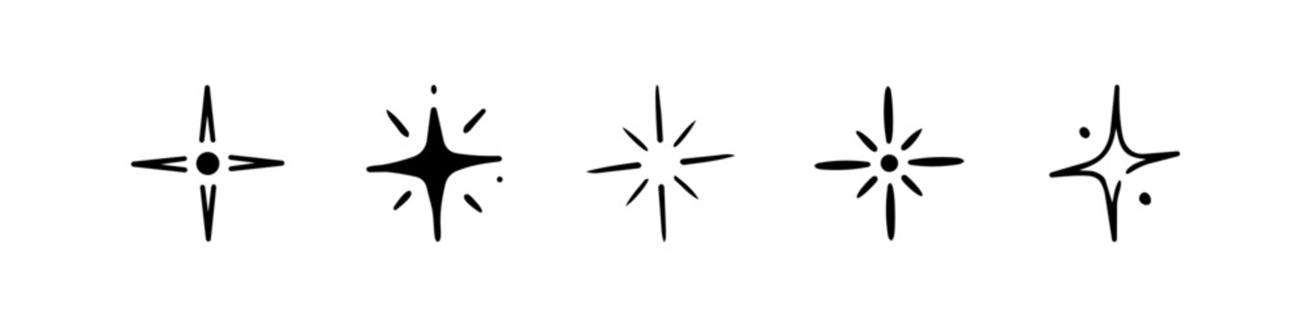 Set of hand drawn doodle sparkle star icons isolated on white background. Minimalist magic twinkling starburst, glitter, flash, and shine vector line art elements.
