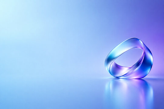 Abstract modern glass mobius loop on glowing blue 3d background with soft light, reflection, and copy space for design.