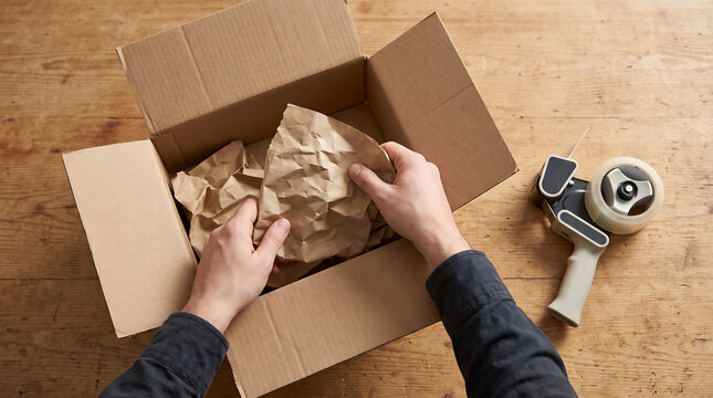 Hands wrapping fragile item with crumpled brown kraft paper inside open cardboard box preparing package for shipping with tape dispenser nearby