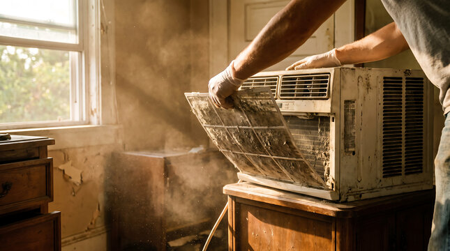 Hand wearing protective glove removing dirty moldy air conditioner filter covered in dust and grime from old window unit in sunlit bedroom