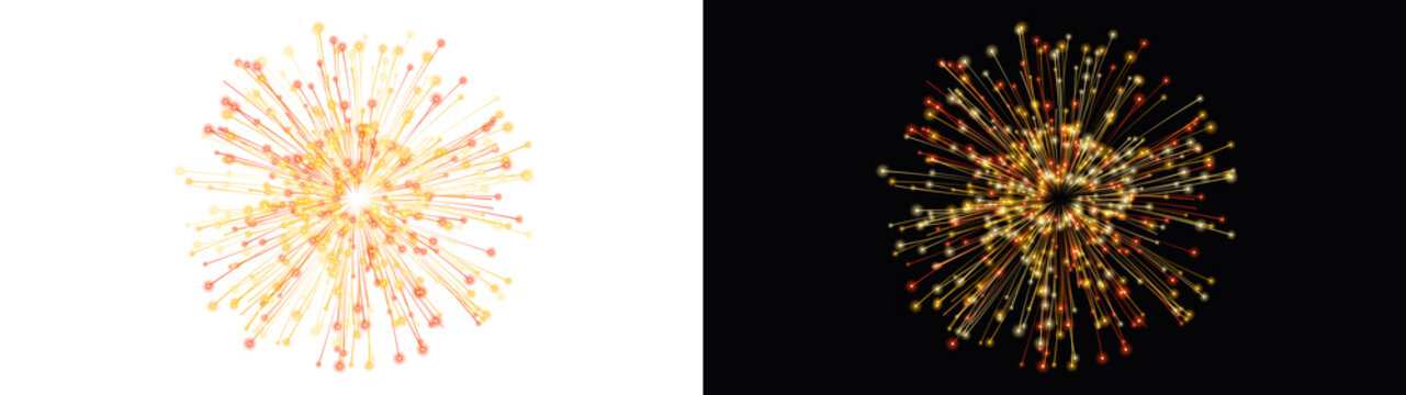 A PNG image of a Radiant golden firework explosion features glowing particles radiating outward from a central point displayed on contrasting white and black backgrounds to showcase dynamic light trai