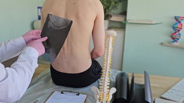 Chiropractic assessment of a patient's back using an x-ray image for spinal examination