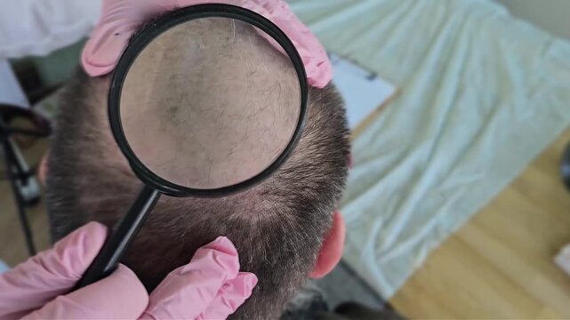 Examining scalp condition with a magnifying glass for hair health assessment