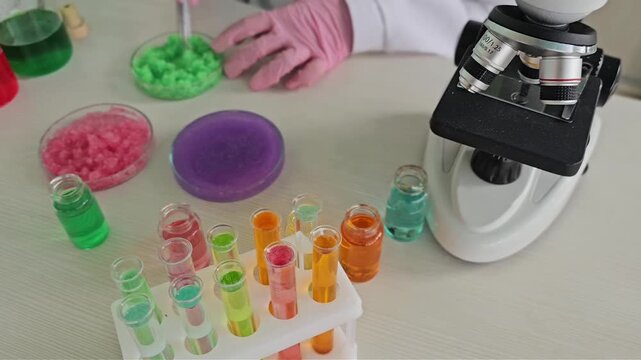 Experimenting with colors and textures using a microscope and various substances