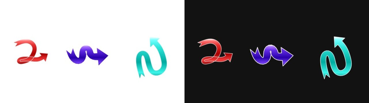 A PNG image of a Vibrant gradient arrows featuring curved ribbon designs displayed on split contrasting white and black backgrounds for modern digital user interface navigation elements or creative gr