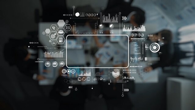 Modern business meeting showcasing professionals engaged in collaboration, enhanced with data visualization elements to represent analytics and strategy insights effectively. Raster