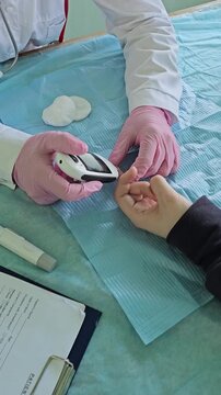 Testing blood sugar levels with a glucose meter in a clinical setting
