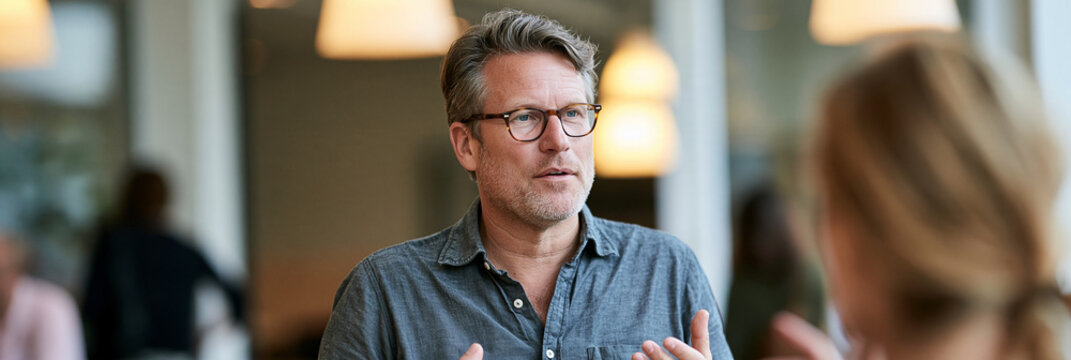 Mann mit Brille und Bart gestikuliert im Gespr&auml;ch mit einer Frau