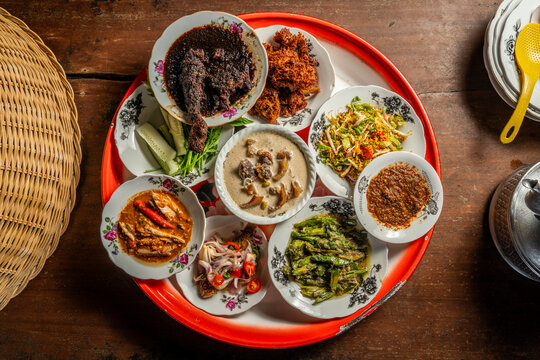 Overhead View of Traditional Malay Kampung Food Platter