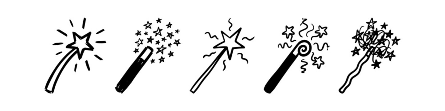 Set of hand drawn magic wands with sparkles and stars. Doodle magical wand icons for wizardry, fantasy, fairy tales, and spells, isolated on a white background.
