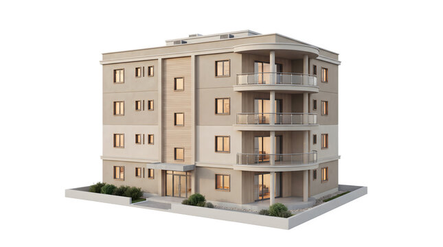 Modern fourstory residential apartment building with curved balconies and contemporary architectural design isolated on transparent background