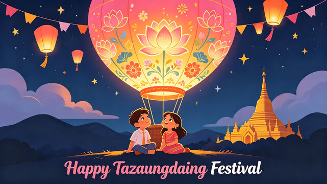 Happy Tazaungdaing Festival Night Illustration with Burmese Kids Watching Lotus Hot Air Balloon and Golden Pagoda   