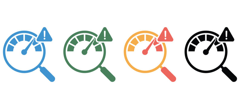 a set of magnifying glass design variations containing speedometers with gauges pointing to different levels and warning triangle alert badges, risk assessment symbols.